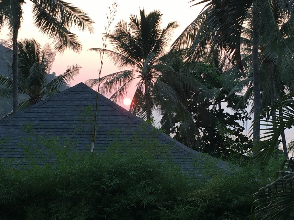 Sunset over the palms with the sea beyond, from Room 317 at The Racha, Phuket